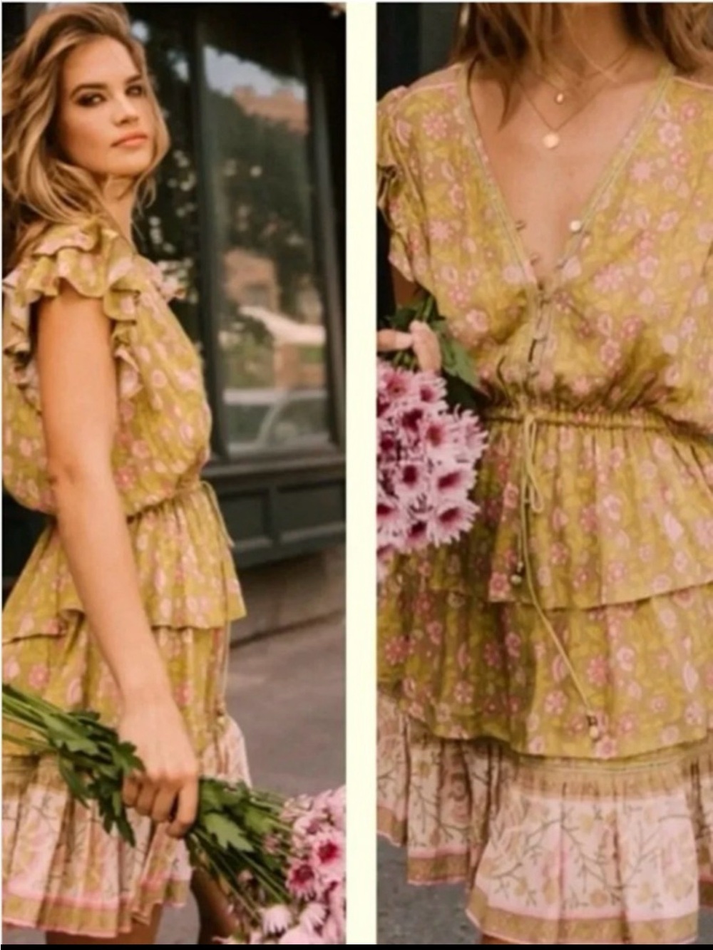 Spell Olive Green Floral Ruffle Tie-Waist Dress
